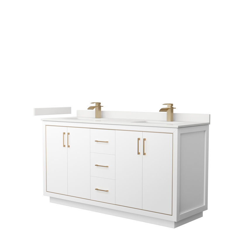 Meuble-lavabo double autoportant 66 po avec plateau en quartz 66 po, WDX13321, Blanc, Noir mat