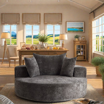 360° Swivel Foam Chair With Chenille Fabric And Backrest Pillow, Comfortable Living Room Chair With Cylindrical Head Support