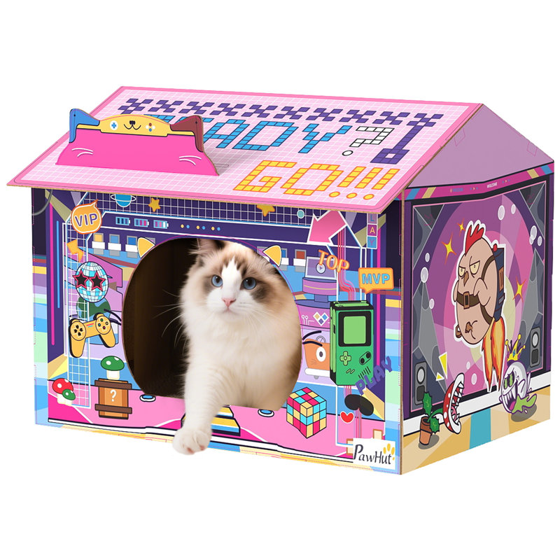Cardboard Cat House with Scratching Board & Catnip Gaming Style