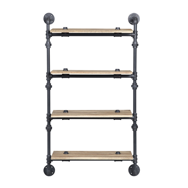 Support mural avec 4 tablettes, structure en métal à niveaux avec style de conduite d'eau, finition chêne et noir sablé, placage, largeur de tablette de 23 po, distance de 12 po, capacité de 10 lb dans le cadre, conception de style, dimensions de l 9