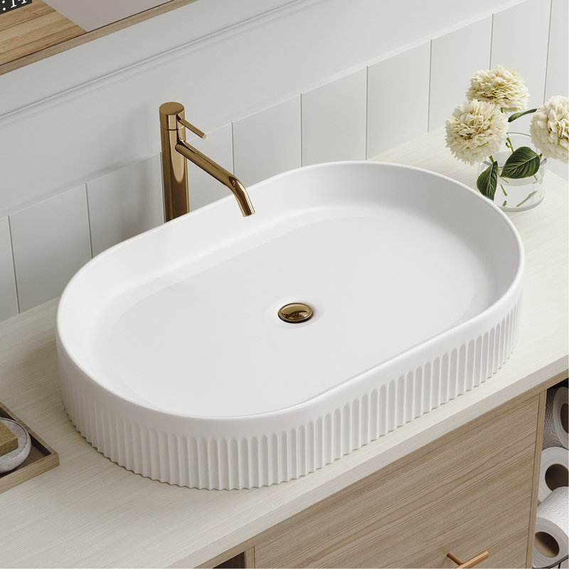 22.8 - Inch Contemporary Bathroom Vanity Of White Ceramic, Oval Vessel Sink With Vertical Striped Design, Center Drain And Pop Up Drain, Splash Solution Ceramic Vanity, Body, Up, Fixture