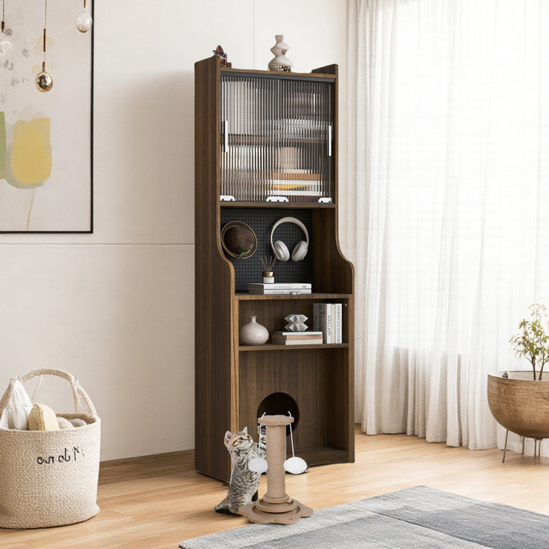 Mid-century Multi-use Extenable Cabinet Desk With Storage Peg Board, Storage Cabinet With Sliding Glass Doors, Led Light, Free Cat Cushion And Cat Toy