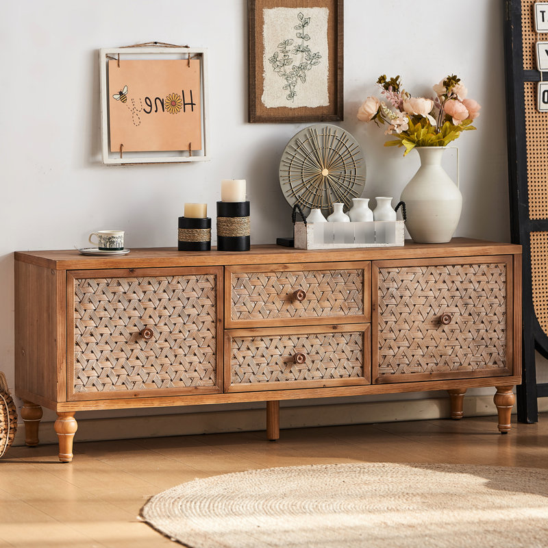 Meuble télé de style années 50 pour téléviseurs de 60 pouces, avec rangement, grand plateau, tablette réglable, support décoré effet vieilli et passe-câbles.