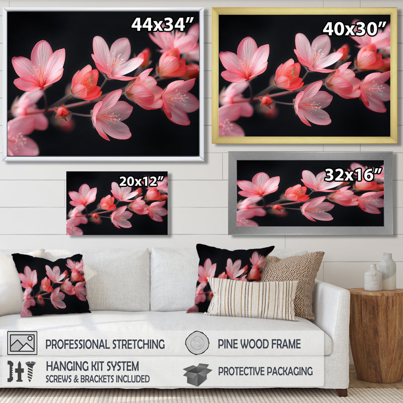 Fleurs de cerisier roses et noires - art mural Cherry Blossom, H 12 po x l 20 po x P 1 po, Toile encadrée noire simple