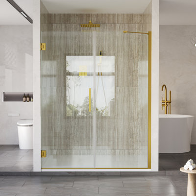 Porte de douche à charnière sans cadre de 57 à 58 po x H 72 po avec verre trempé clair de 3/8 po., Or brossé