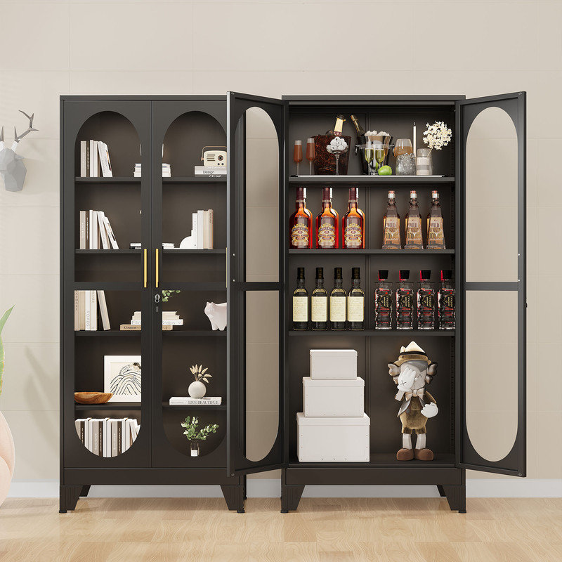 70.87"H Tall White Glass Display Cainbet with 4 Adjustable Shelves, Black
