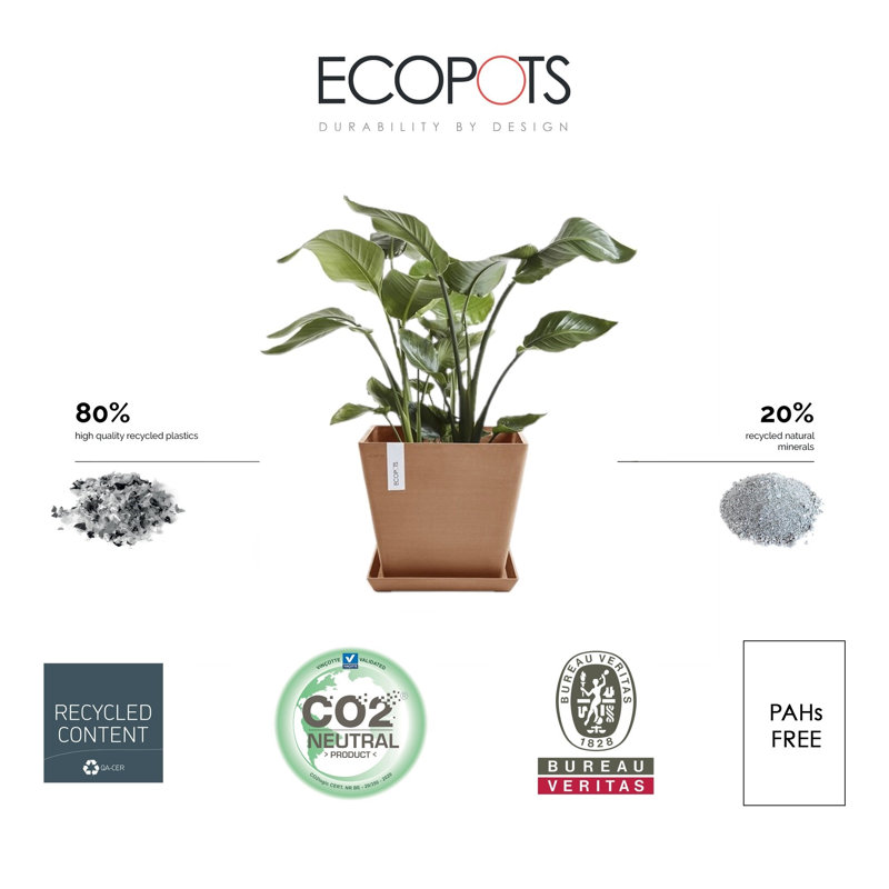 Ecopots Modern Recycled Plastic Rotterdam Flower Pot Planter, Terracotta Color, 14" H x 16" W x 16" D