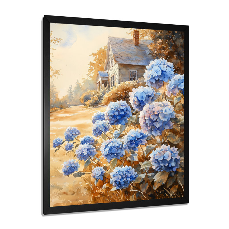 Hortensias par la vieille ferme - décoration murale florale, H 44 po x l 34 po, Noir, noir, noir, noir