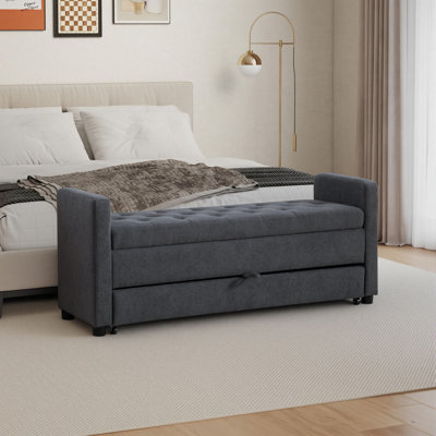 Upholstered Storage Bench with Solid Wood Frame, Bench with Lift Top and Drawer, End of Bed Bench for Bedroom, Entryway and Living Room