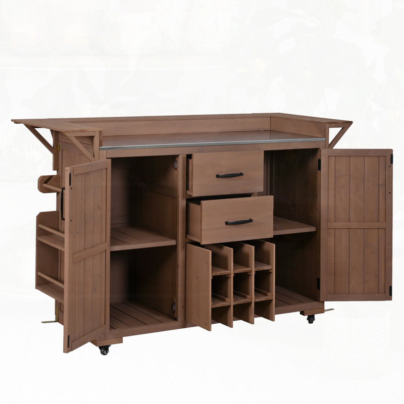 60.2"W Outdoor Kitchen Island with Wheels and Stainless Steel Top, Brown
