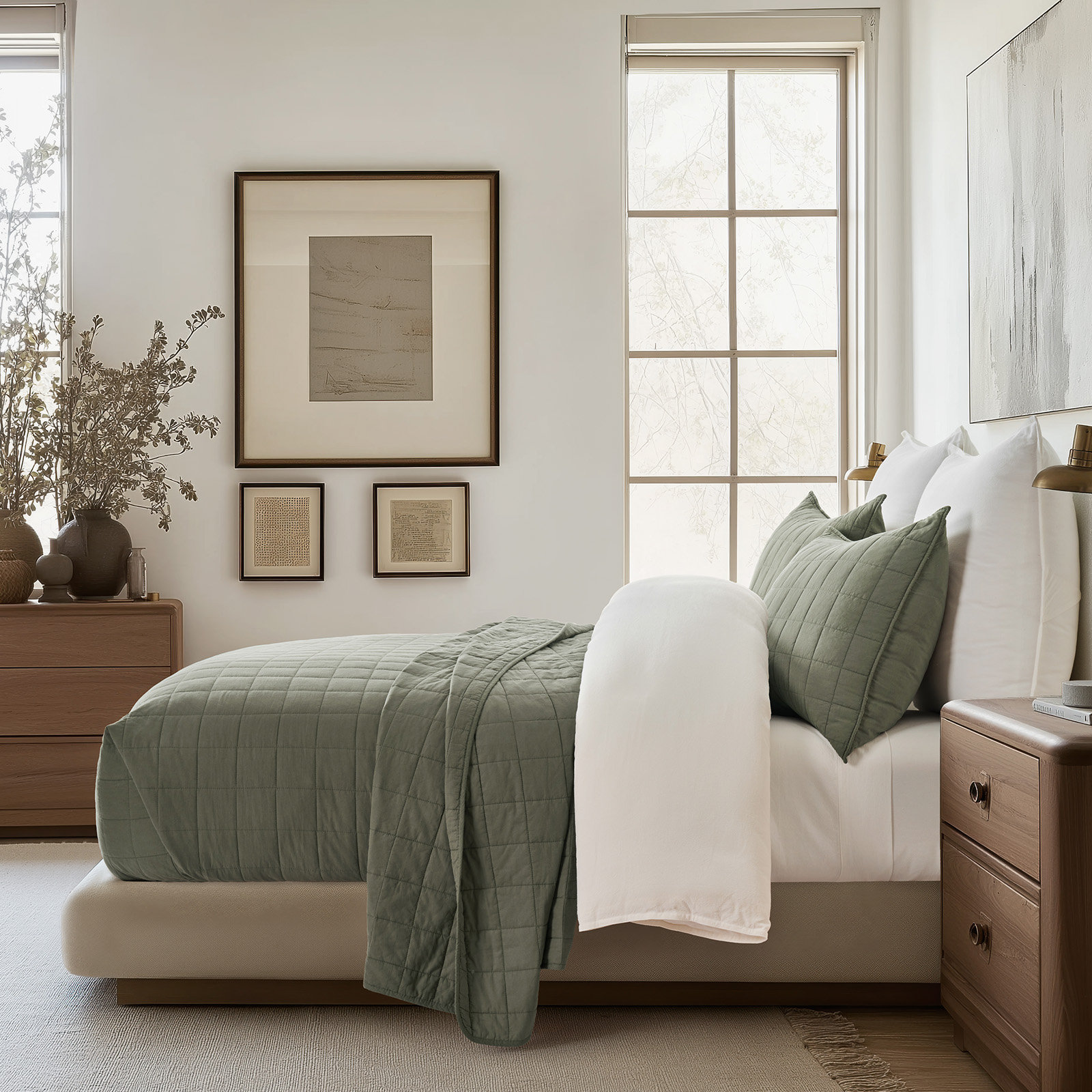 Cotton Quilt Set, Queen Quilt + 2 Queen Shams, Olive Green