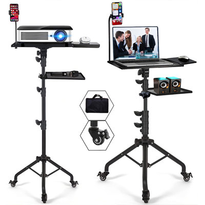Height-Adjustable Wheeled Projector Tripod, Treadmill Laptop Stand With Two Shelves, Mouse Tray, Phone Holder, Projector Tripod