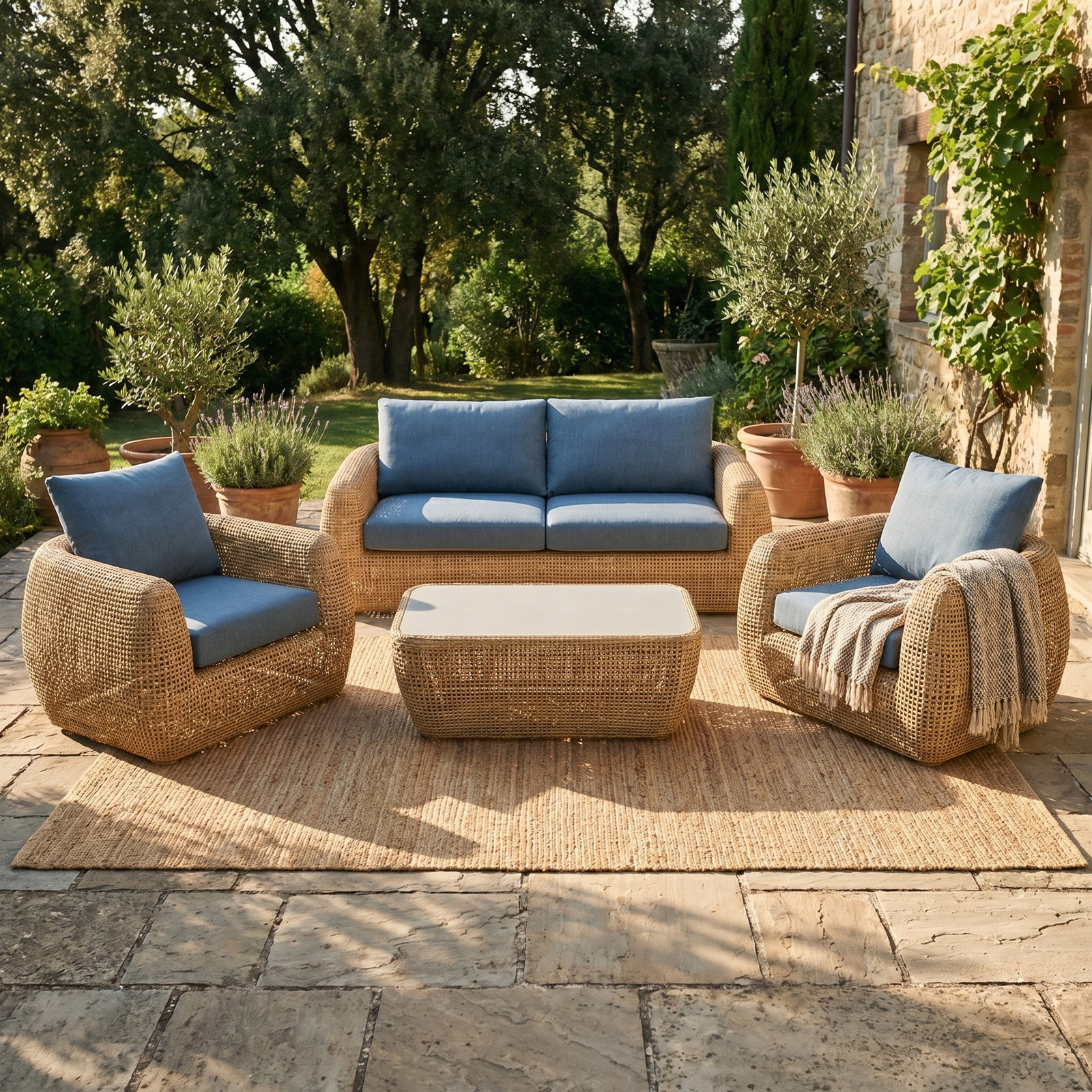 Sydney 4 Piece Wicker and Sunbrella® Outdoor Seating Set, Canvas Denim