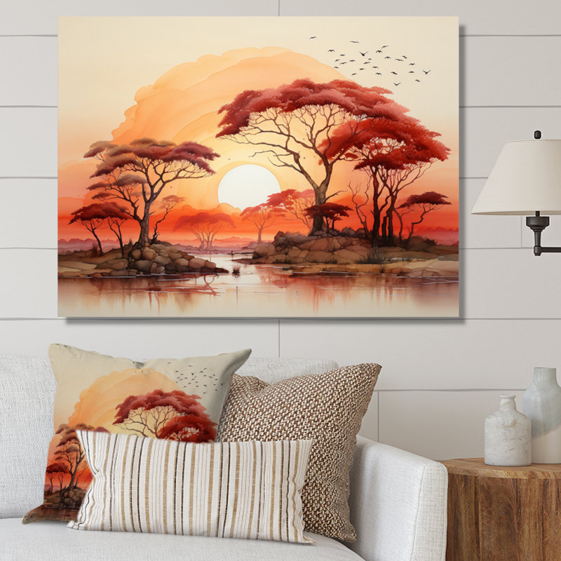 Rouge, jaune, paysage africain - Art mural paysage africain, H 12 po x l 20 po x P 1 po, Toile tendue