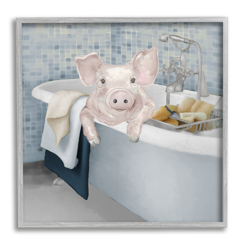 «Pig Bathing Bathroom Tub Animal» par Elizabeth Medley - cadre flottant, impression sur bois, H 12 po x l 12 po x P 1,5 po