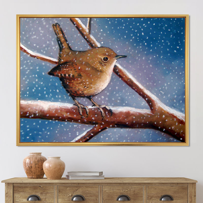 Wren en hiver - Peinture sur toile, H 16 po x l 32 po x p 1 po, Encadrement doré