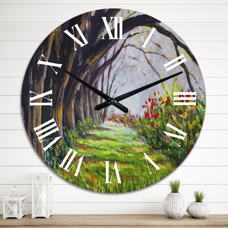 Horloge murale traditionnelle avec vue sur l'huile originale d'une grande rangée d'arbres Chamchuri, Surdimensionné