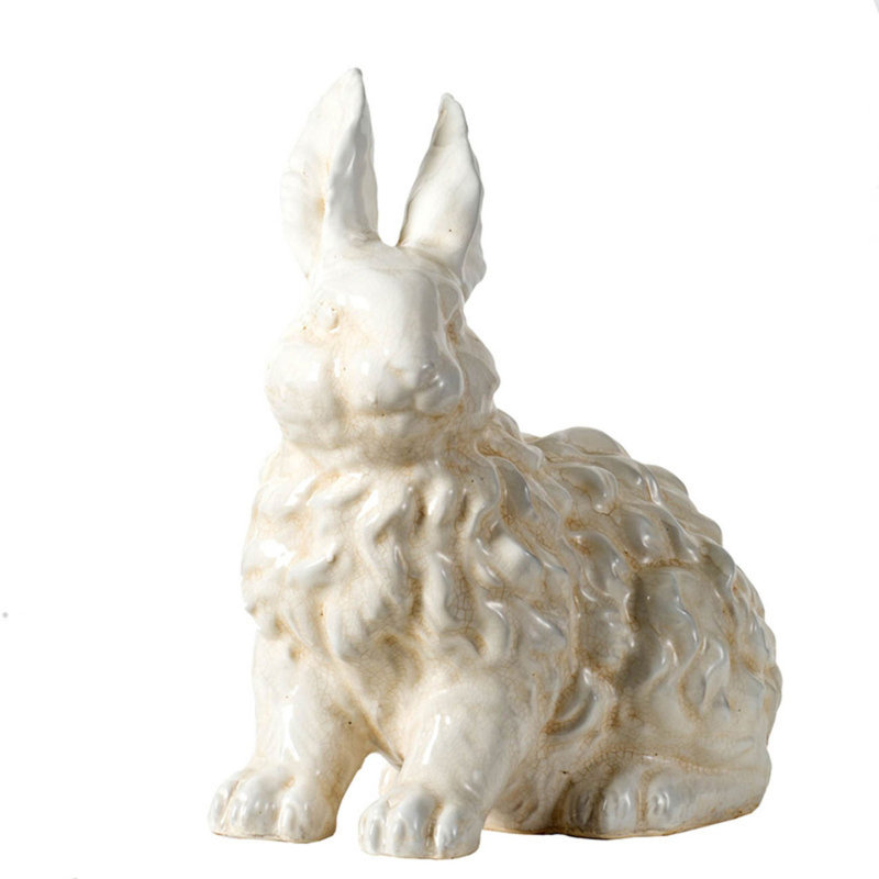 14” White Ceramic Rabbit Figurine with Curly Texture and Crackled Glaze, Decorative Angora Bunny Sculpture for Mantel, Tabletop, or Bookshelf