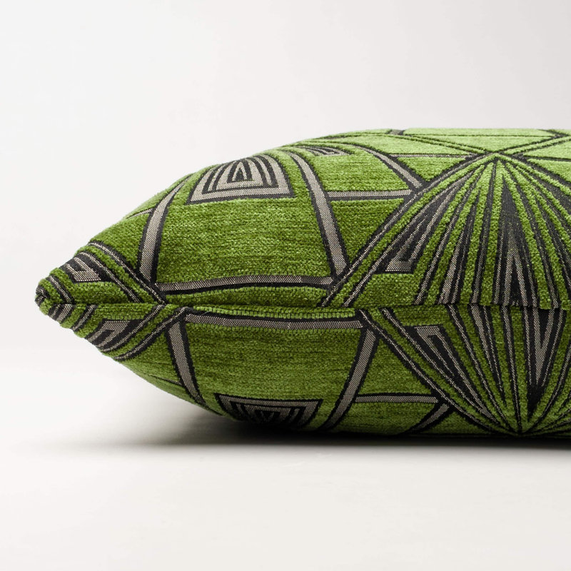 Art Deco Geometric Velvet Chenille Cushion in Moss Green, 43x43cm, Synthetic filled