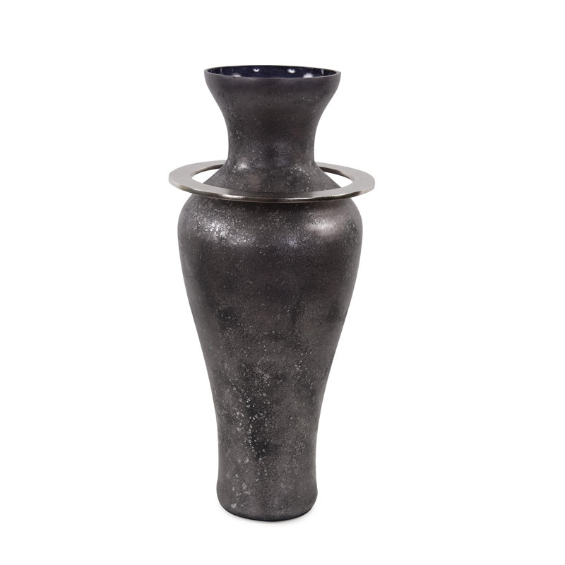 Black Ore Glass Vase with metal accent- Medium, 20.5" H x 9" W x 9" D