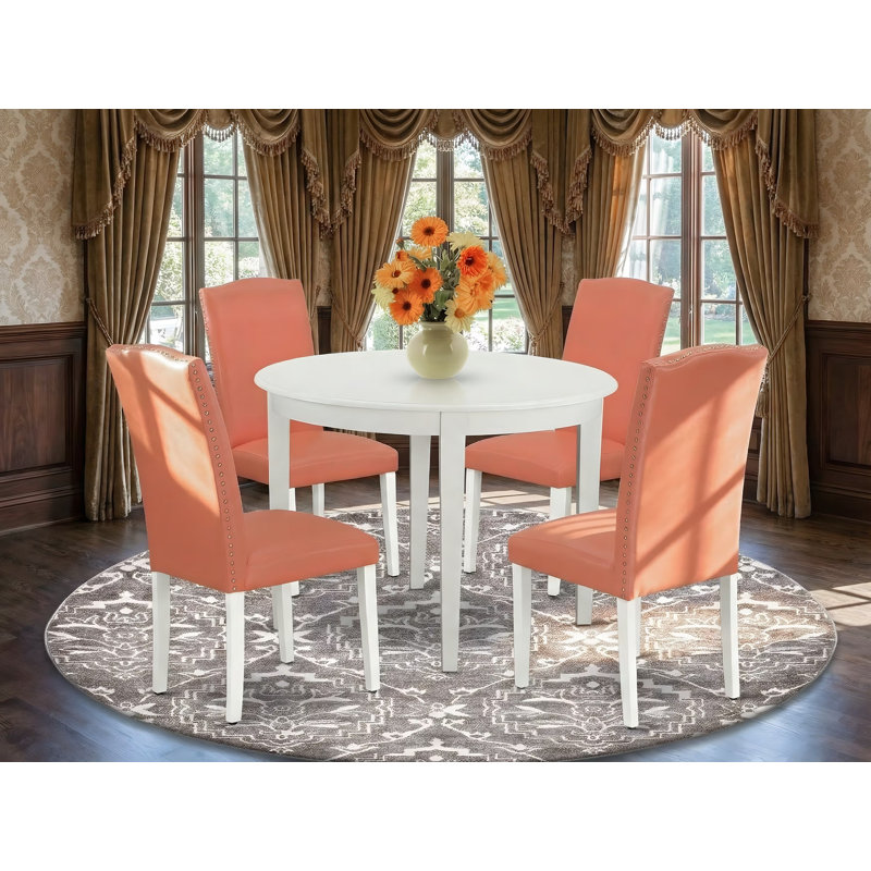 5 Piece Dinette Set for 4 Includes a Round Kitchen Dining Table and 4 Pink Flamingo Faux Leather Upholstered Parson Chairs, 42x42 Inch, Linen White