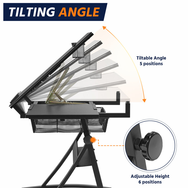 Adjustable Height Tempered Glass Steel Drafting Table