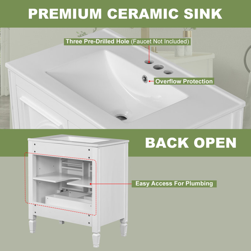 Armoire de meuble-lavabo 30 po avec lavabo en céramique, Argent argent, Blanc