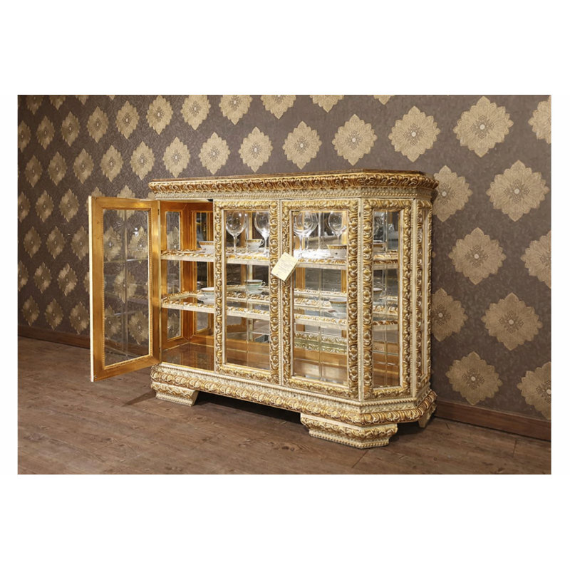 Felipe Solid Wood Lighted Curio Cabinet, Ivory/Gold