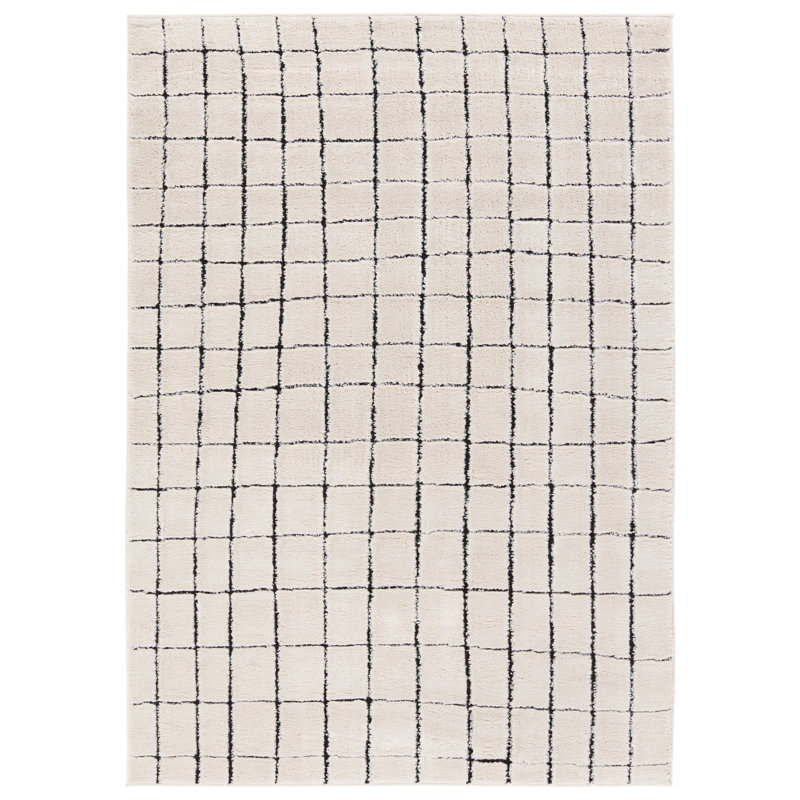  Tapis écossais ivoire / noir en polypropylène tissé à la machine, Rectangle 7 pi 6 po x 10 pi