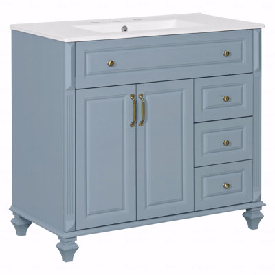 Meuble-lavabo de 36 po avec lavabo, armoire de salle de bain en bois massif gris-bleu avec tiroir rabattable, 3 tiroirs et 2 portes, conception élégante avec poignées en métal doré, meuble-lavabo moderne en MDF