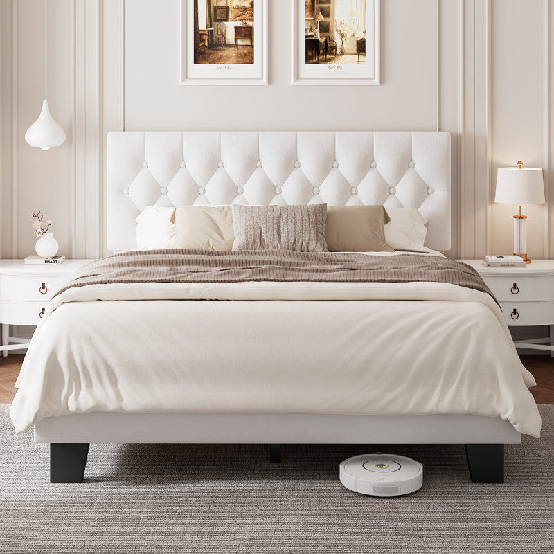 Full Upholstered Bed Frame with Headboard, Button Tufted Linen Bed Base, Platform Bed with Wood Slat, Heavy Duty, Easy Assembly, No Box Spring Needed, White