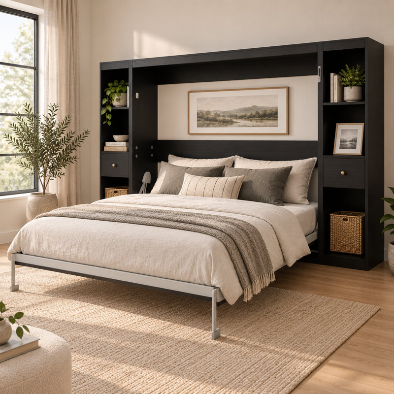 Lit escamotable horizontal Foldique Queen avec rangements intégrés, lit gain de place noir avec 26 lattes en bois, pieds de support automatiques et système de pliage hydraulique.