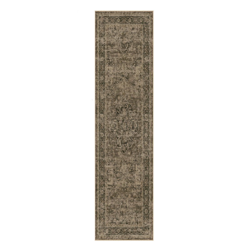 Tapis oriental délavé à la machine avec envers antidérapant Asteria, Brun, Tapis de couloir 2 pi x 8 pi