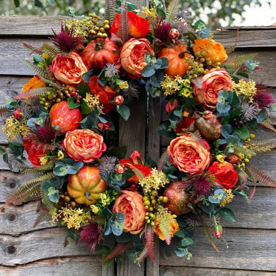 Fall Peony and Pumpkin Wreath, 45cm Farmhouse Fall Wreaths for Front Door, Durable Autumn Wreath with Berry Pumpkin Harvest Wreath for Halloween Home