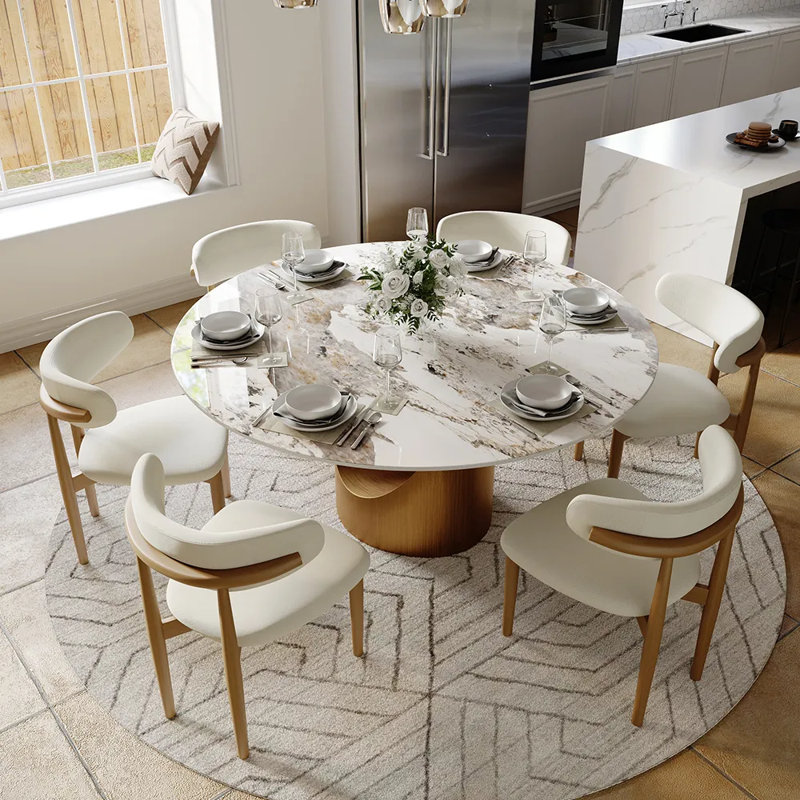 Modern 5/7 Pieces Dining Room Sets, Pre-Assembly Round Dining Table Sets, Sintered Stone Tabletop Kitchen Dining Table Set With Upholstered Chairs