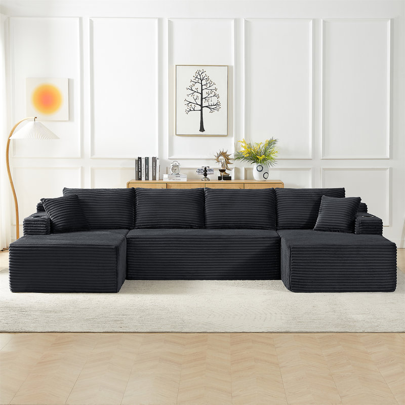 Compressible U-Shaped Sectional Sofa Set,Minimalist Style Modular Sectional Sofa, Corduroy Fabric Cloud Couch For Living Room
