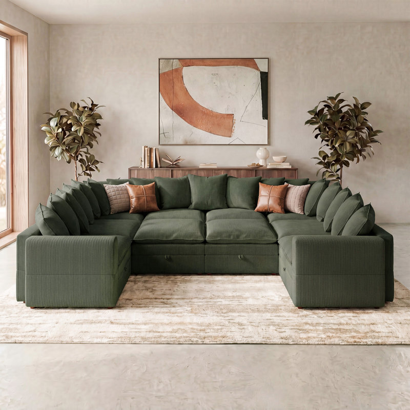 Canapé modulaire en velours côtelé vert avec accoudoirs réglables et rangement, Green Corduroy
