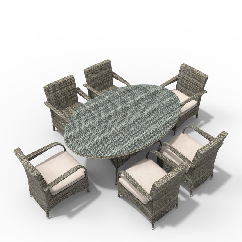 6 - Person Wicker Patio Dining Set with Oval Table , Cushions Included, Gray
