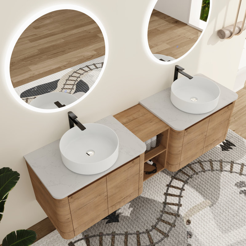 Ensemble de meuble-lavabo double mural 72 po avec lavabo en céramique et tablettes Greythor, ensemble de meuble-lavabo double 72 po avec plateau en pierre reconstituée