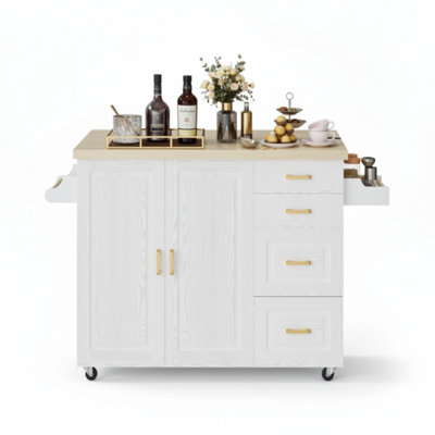59.4" W Rolling Kitchen Island Cart With Drop Leaf, On Wheels, 2 Door Storage Cabinet, 4 Drawer, Spice, Towel Rack by Gracie Oaks
