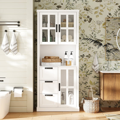White Bathroom Storage Cabinet With Glass Doors & Black Handles