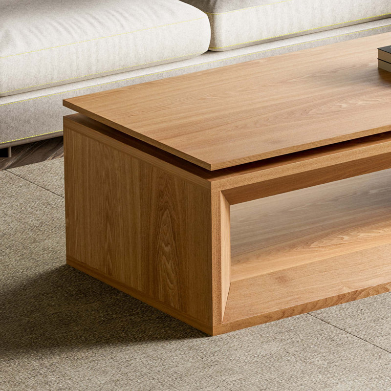 Table basse à plateau relevable avec rangement dissimulé et hauteur réglable, Bois naturel