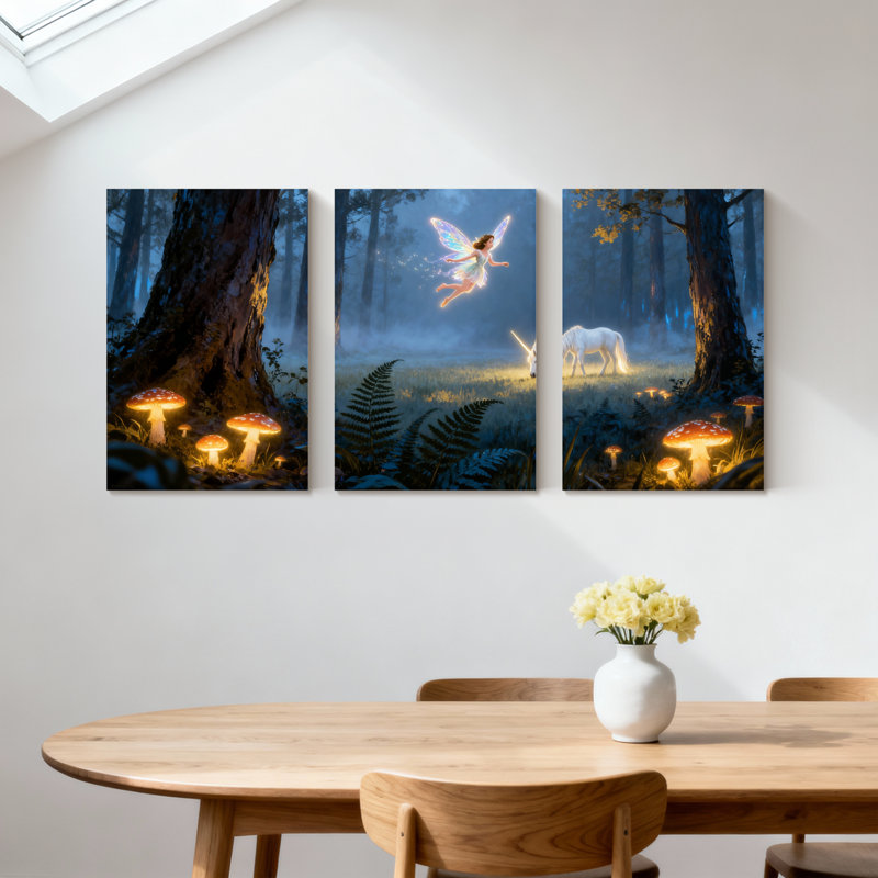 Hiver, forêt, fée, licorne, forêt, champignons, lueur, nuit, lumière magique, ensemble de 3 impressions sur toile