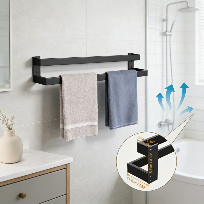 Porte-serviettes double en acier inoxydable pour salle de bain, porte-serviettes mural avec capacité de rangement accrue, accessoire de quincaillerie de salle de bain noir mat durable