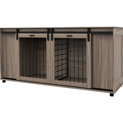 71" Walnut Dog Crate Furniture With Removable Partition For 2 Small Dogs/1 Large Dog, Storage & Double Sliding Doors Table Kennel Furniture, Barrier D