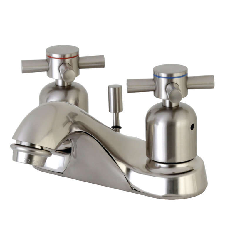 Kingston Brass Concord Two-Handle 3-Hole Deck Mount 4" Centerset Bathroom Faucet with Plastic Pop-Up, Brushed Nickel