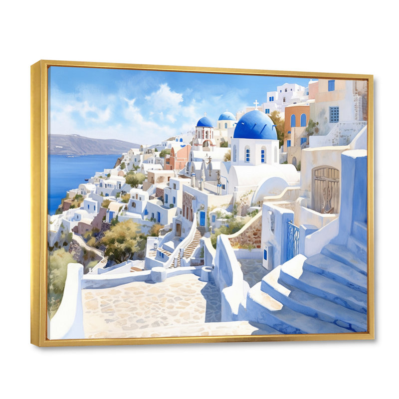 Grecque Santorini Odyssey II - Grèce, art mural, H 12 po x l 20 po x P 1 po, Cadre flottant doré