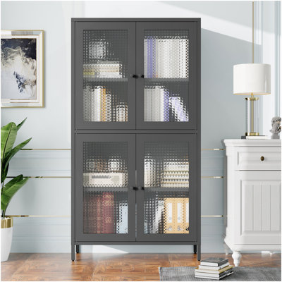 Armoire de rangement classique en métal avec 4 portes en verre et 4 tablettes avec armoire latérale pour bureau à domicile, salon, couloir de cuisine - noir, verre trempé gaufré