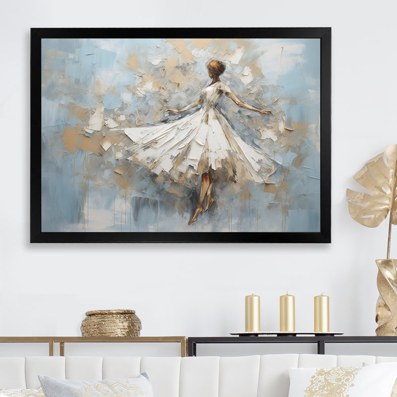 Minimalisme dansant blanc et bleu sur toile, Cadre simple noir, H 44 po x l 34 po x P 1,5 po