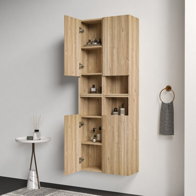 CC1014S112310 Rough Oak & Rough Oak Bathroom Floating 4-piece Side Cabinet Set, Wall-mounted Storage Cabinet for Small Space, KD